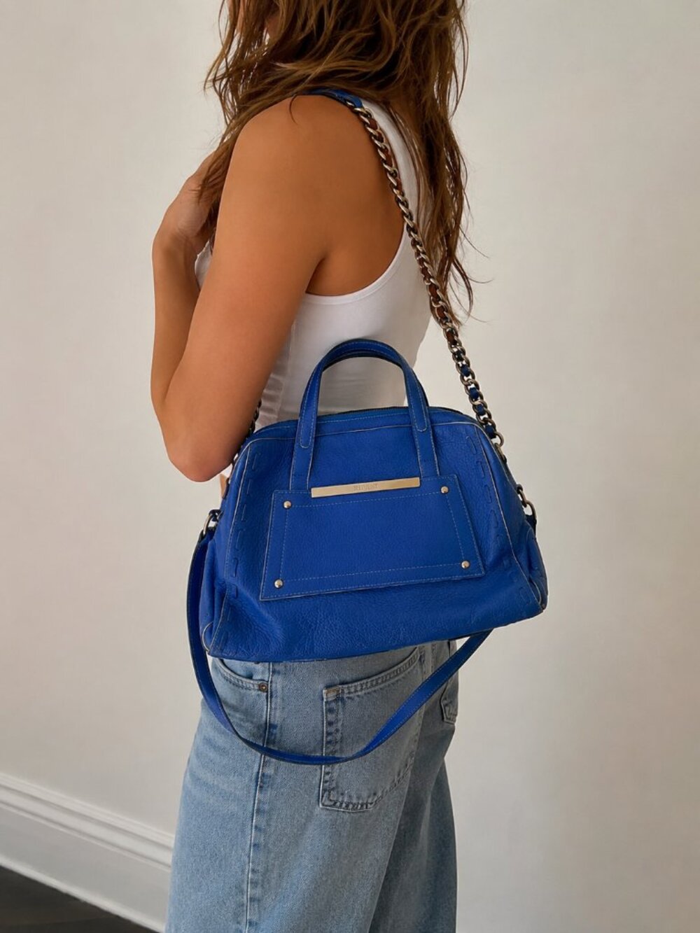 Ripani Blue Pebbled Leather Satchel Crossbody Handbag Italy Shoulder Purse